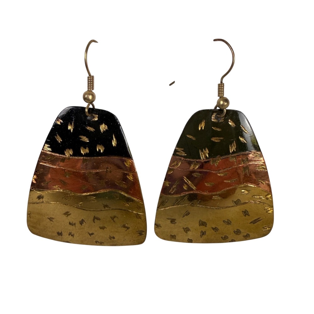Vintage Mixed Metal Tiered Trapezoid Drop Earrings‎ Black Gold Copper Boho 1.75"